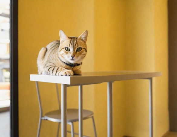 A golden tabby cat resting on a table against a yellow wall backdrop.